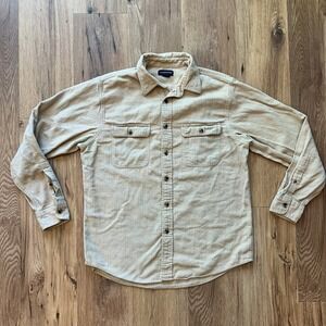 Lands End Mens Herringbone Flannel Button Down Shirt Tan Khaki Long Sleeve L